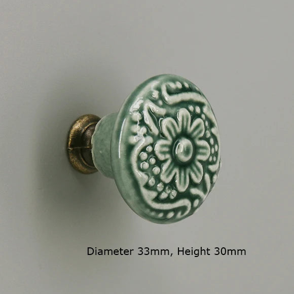 Bouton de porte porcelaine <br> Fleur verte